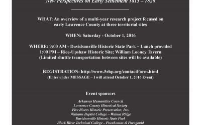 Presentation of Founding of Lawrence County at Davidsonville Historic State Park Oct. 1!
